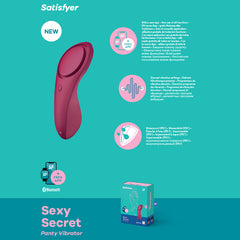 A product image of the Satisfyer Sexy Secret Panty Vibrator. The red panty vibe is shown alongside textual descriptions and icons highlighting its features, such as app control via the Satisfyer Connect app, multiple vibration patterns, and a compact box displaying the vibrator's image and branding.