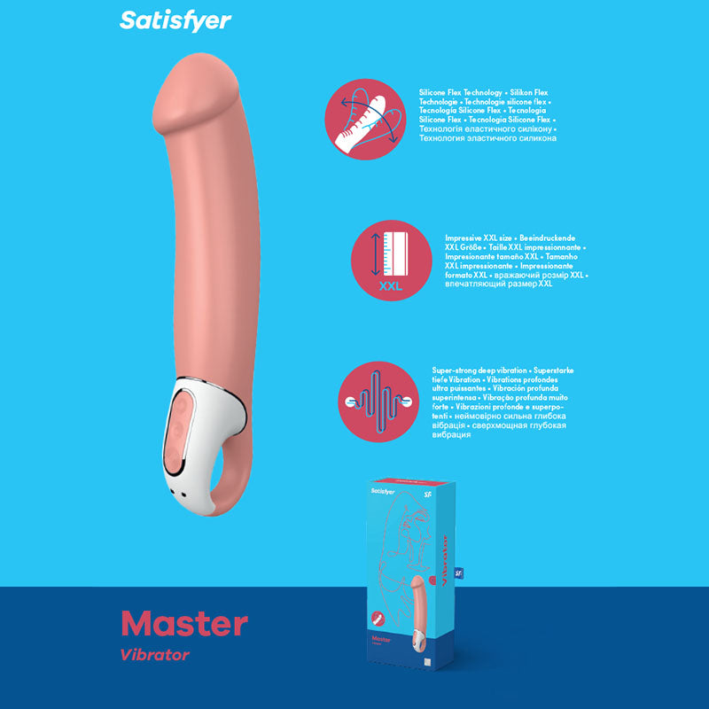 A promotional image for the Satisfyer Vibes - Master Vibrator, showcasing its flesh-toned design with a white and pink handle, featuring control buttons. The accompanying text highlights its silicone finish, impressive size, flexible shaft for G-spot stimulation, and powerful deep vibrations. The product packaging is also displayed.