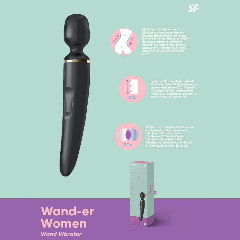 The Satisfyer Wand-er Woman Bodywand Vibrator is displayed on a light green and purple background. Illustrations highlight features such as a stimulating full-body silicone head, long handle, and 50 vibration combinations. The packaging of the product is shown on the bottom right.