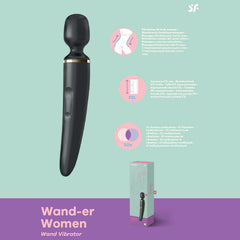 The Satisfyer Wand-er Woman Bodywand Vibrator is displayed on a light green and purple background. Illustrations highlight features such as a stimulating full-body silicone head, long handle, and 50 vibration combinations. The packaging of the product is shown on the bottom right.