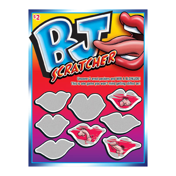 Introducing the Sexy Scratcher - BJ Scratcher, a scratch-off card game featuring a vibrant blue and red background adorned with bold, stylized text and playful illustrations of lips. Scratch off the lip-shaped areas to reveal whimsical cartoon images underneath. Experience the fun and quirks of this game for just $2, with a chance to WIN A BLOWJOB!