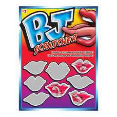 Introducing the Sexy Scratcher - BJ Scratcher, a scratch-off card game featuring a vibrant blue and red background adorned with bold, stylized text and playful illustrations of lips. Scratch off the lip-shaped areas to reveal whimsical cartoon images underneath. Experience the fun and quirks of this game for just $2, with a chance to WIN A BLOWJOB!
