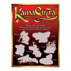 A scratch-off poster titled "Sexy Scratcher - Kama Sutra" features a vibrant red background. The days of the week are listed, with some days revealing illustrations of intimate poses while others remain concealed under scratch-off material. At the top, a warning hints at a "hot week ahead," inviting you to scratch and unveil the mysterious Kama Sutra activities.
