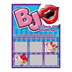 A scratch-off card titled "Sexy Scratcher - BJ Challenge." The instructions read, "Scratch off a maximum of 5 spaces. Uncover 4 identical symbols and win a BJ! If you fail, your partner gets the oral sex favor!" There are six squares to scratch off at the bottom.