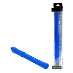 A blue, elongated Sport Fucker PowerShot Nozzle made of pure platinum silicone with a textured handle is shown both inside and outside of a rectangular transparent packaging box. The cylindrical tool features a slightly tapered end. The black and green accented packaging includes details about the Sport Fucker Shower Kit.