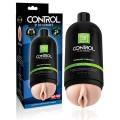 The product image showcases the "Sir Richard’s Control Intimate Therapy Pussy Stroker" within the SIR RICHARD'S CONTROL collection. It features a black cylindrical holder with a lifelike insert made of Fanta Flesh. The black and green packaging highlights its key benefits and innovative design.
