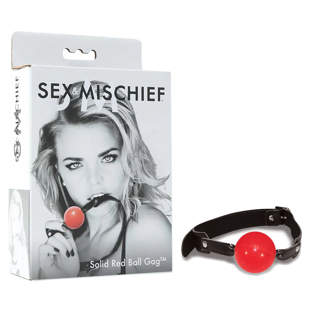 A product image features the Sex & Mischief Solid Red Ball Gag, highlighting its red ball and black straps, positioned next to its box. The box, labeled "Sex & Mischief," showcases a black and white photo of someone using the adjustable ball gag.