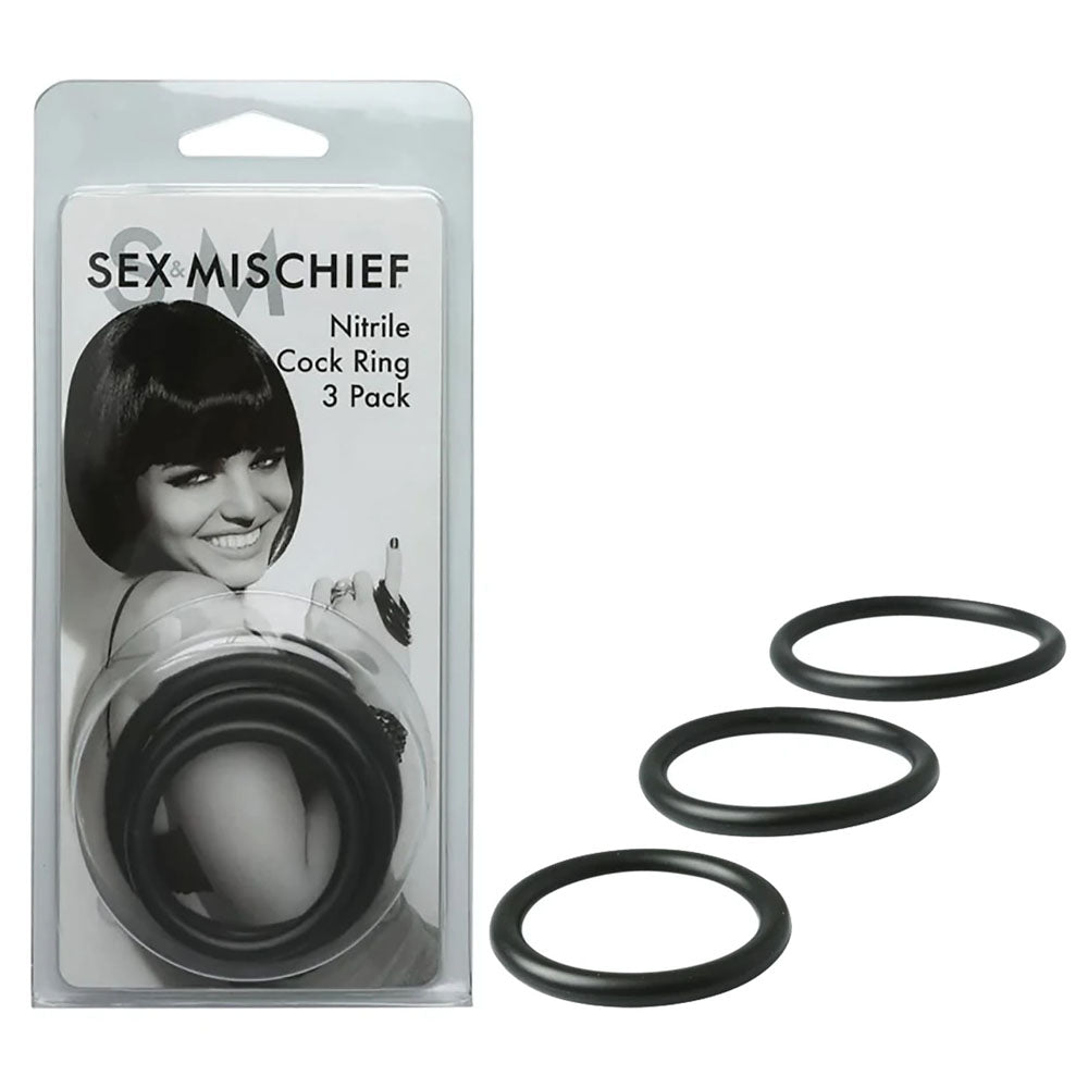 Packaging of the Sex & Mischief Nitrile Cock Ring 3 Pack featuring a smiling person on the cover. Three black circular cock rings, specifically designed to prolong ejaculation and enhance erection, are displayed adjacent to the package.
