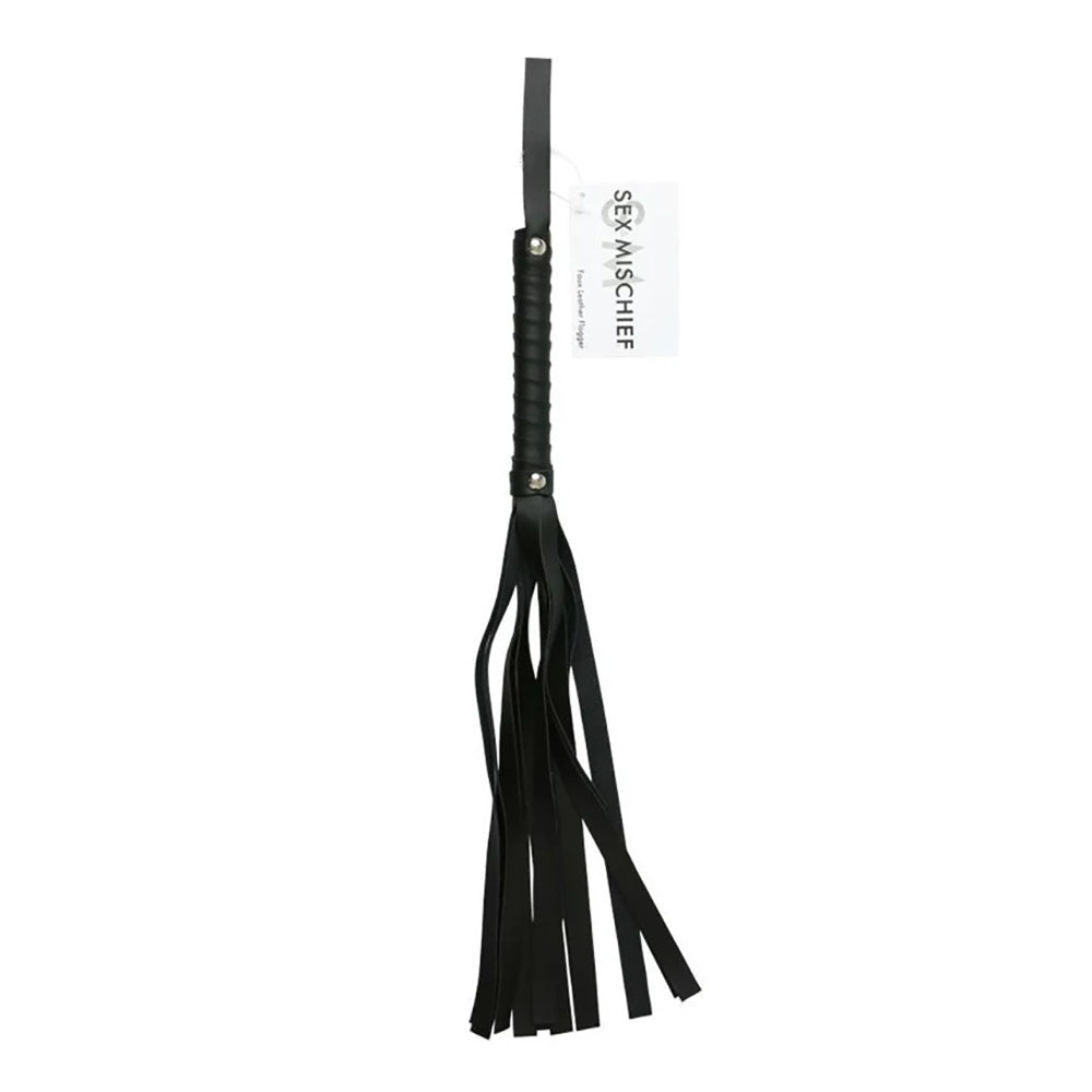 The Sex & Mischief Faux Leather Flogger is a black, vegan leather flogger featuring a textured handle and multiple long strands. The handle is reinforced with a metal rivet and has an attached tag that reads "Sex & Mischief." Designed specifically for beginners in BDSM activities, it offers an accessible entry into the scene.