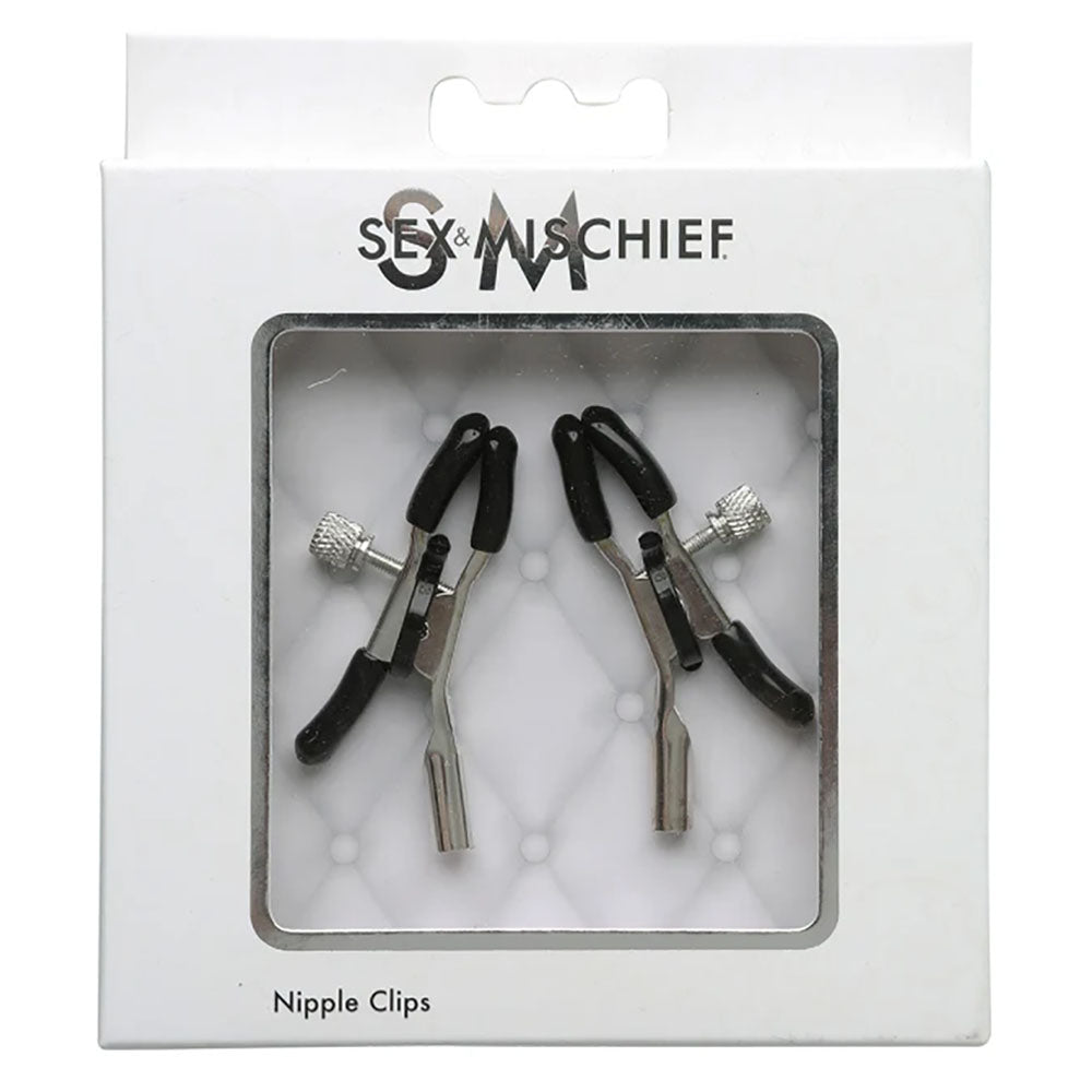 The "Sex & Mischief Nipple Clips" are packaged in a sleek, primarily white box featuring minimalistic design elements. The package includes two metal nipple clamps with rubber-tipped ends, ideal for heightening erotic pleasure during nipple play. The clips are showcased through a clear plastic window on the box labeled "Nipple Clips.