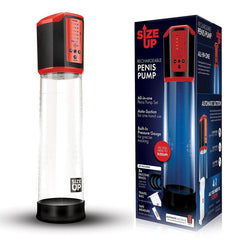 Image of the "Size Up Rechargeable Penis Pump." The clear, cylindrical pump is topped with a black and red electronic control unit. The packaging highlights key features such as automatic suction and a built-in pressure gauge, emphasizing its effectiveness for penis enlargement.