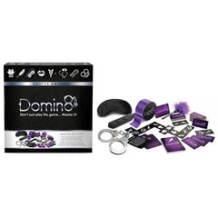 The "Domin8 Master Edition" board game, featuring game pieces such as cards, an eye mask, handcuffs, and a feather tickler, is displayed beside its box. The box showcases the tagline "Don't just play the game... Master it!" and sports a black and purple color scheme ideal for intimate settings.