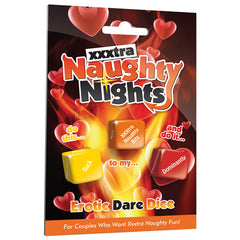 The "Naughty Nights Erotic Dare Dice - Lovers Dice Game" is the ultimate couples activity, featuring three dice with phrases like “Suck,” “to my…,” and “Dominantly.” The background includes flames and red heart illustrations, with text at the bottom that reads, "For Couples Who Want Xxxtra Naughty Fun!