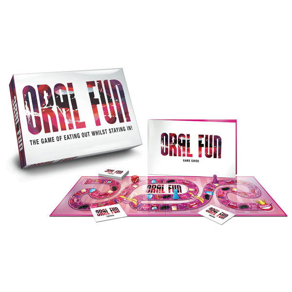 Image of the playful trivia game "Oral Fun." Displayed are the game box, a game guide booklet, a pathway-filled game board, and multiple game cards. The tagline on the box reads "The game of eating out whilst staying in!" with a color scheme that is predominantly pink and white.