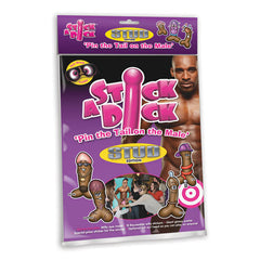 A party game package titled "Stick A Dick - Stud Edition" features a purple background adorned with cartoon graphics of various male genitalia. This adult party game includes a board with printed images and reusable stickers, making it perfect for some cheeky fun.