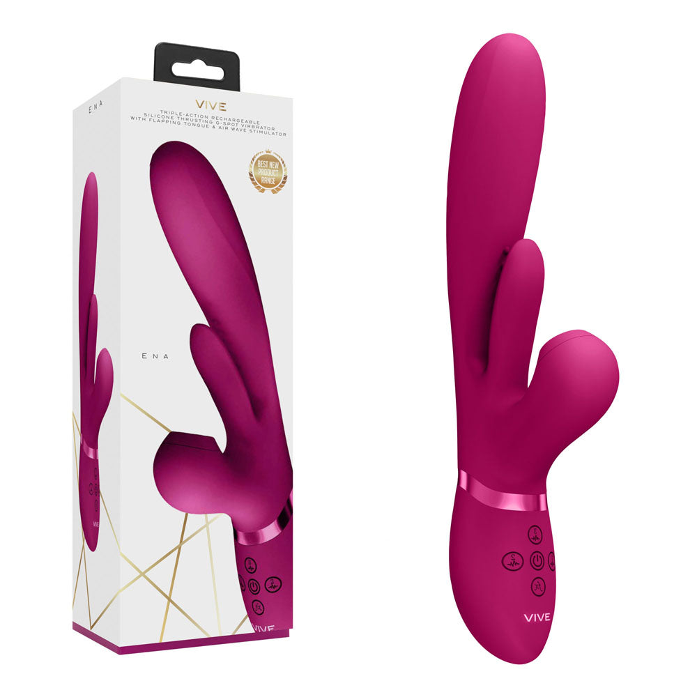 A pink VIVE Ena G-spot Rabbit Vibrator stands next to its packaging box. The device, made from medical-grade silicone, has a smooth, curved design with dual prongs and several control buttons at the base. The box features an image of the vibrator along with branding details.