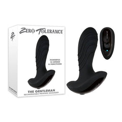 A black, rechargeable vibrating prostate massager with a contoured design is shown alongside its packaging and remote control. The packaging, featuring the brand "Zero Tolerance," advertises "Powerful 10 Speeds & Functions," customizable speeds, and the full product name "Zero Tolerance The Gentleman Prostate Massager Butt Plug" for intense orgasms.