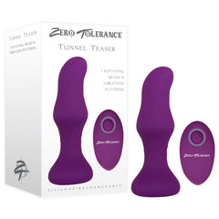 Image showing a Zero Tolerance branded "Tunnel Teaser Butt Plug," which features creamy smooth silicone in a rich purple hue and boasts a smooth, curved design with two bulbous ends. The product is displayed outside its box alongside a matching remote control. The box highlights "7 rotating beads & vibration patterns.