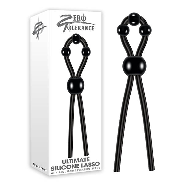 A product image displaying the Zero Tolerance Ultimate Silicone Lasso Cock Ring highlights a flexible black silicone lasso designed for erection enhancement, complete with adjustable pleasure beads. The packaging prominently features "Zero Tolerance" at the top and "Ultimate Silicone Lasso with Adjustable Pleasure Beads" at the bottom. Made in China, it is ideal for couples play.