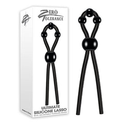 A product image displaying the Zero Tolerance Ultimate Silicone Lasso Cock Ring highlights a flexible black silicone lasso designed for erection enhancement, complete with adjustable pleasure beads. The packaging prominently features "Zero Tolerance" at the top and "Ultimate Silicone Lasso with Adjustable Pleasure Beads" at the bottom. Made in China, it is ideal for couples play.