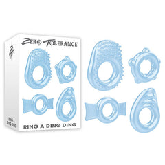 Image of the Zero Tolerance Ring A Ding Ding Cock Ring product box, showcasing six uniquely designed blue silicone cock rings arranged around the packaging. Ideal for couples play, these rings offer diverse textures and shapes such as spikes, smooth surfaces, and pointed tips to enhance long-lasting erections.