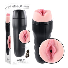 The Zero Tolerance GRIP IT LIGHT is a sleek black handheld stroker featuring a life-like pink, realistic vaginal opening on one end. The packaging on the left showcases the same product, highlighting close-up details and additional components. Text includes "Zero Tolerance," "Grip It," and emphasizes its textured inner channel for enhanced sensation.