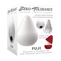 A product box labeled "Zero Tolerance FUJI" showcases a white, volcano-shaped stroker named "Fuji." Highlighting the unique inner texture with an image of the textured interior, the package mentions it includes a travel case and is made of soft body-safe TPE rubber.
