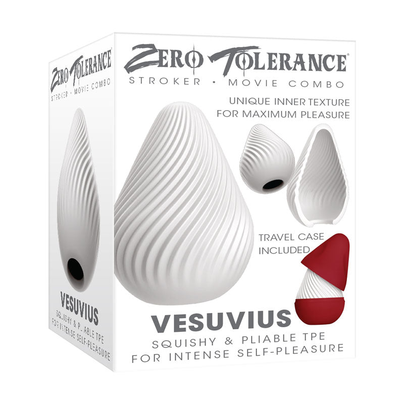 Packaging for the Zero Tolerance VESUVIUS stroker and movie combo. The box showcases the swirly-textured pleasure channel, travel case, and design features. The text highlights that it is made from super-stretchy, body-safe TPE rubber for intense self-pleasure.