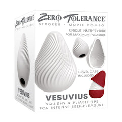 Packaging for the Zero Tolerance VESUVIUS stroker and movie combo. The box showcases the swirly-textured pleasure channel, travel case, and design features. The text highlights that it is made from super-stretchy, body-safe TPE rubber for intense self-pleasure.