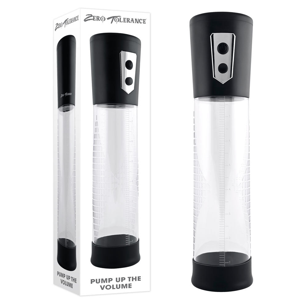 The Zero Tolerance PUMP UP THE VOLUME Penis Pump is depicted with a clear cylindrical body and black top and bottom sections. It features measurement markings along the side and includes two buttons on the top section for ease of use. A silicone sleeve ensures both comfort and effectiveness. The packaging prominently displays "Zero Tolerance" at the top and "PUMP UP THE VOLUME" at the bottom.