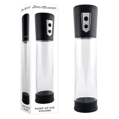 The Zero Tolerance PUMP UP THE VOLUME Penis Pump is depicted with a clear cylindrical body and black top and bottom sections. It features measurement markings along the side and includes two buttons on the top section for ease of use. A silicone sleeve ensures both comfort and effectiveness. The packaging prominently displays "Zero Tolerance" at the top and "PUMP UP THE VOLUME" at the bottom.