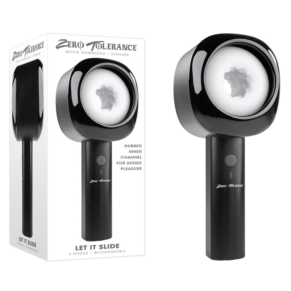 A black, handheld device labeled "Zero Tolerance LET IT SLIDE" stands next to its packaging. Featuring an ergonomic handle and a nubbed inner channel, the box reads "Let It Slide," highlighting its 3 stroking speeds and rechargeable capability.