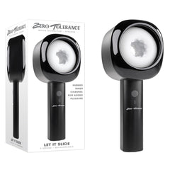 A black, handheld device labeled "Zero Tolerance LET IT SLIDE" stands next to its packaging. Featuring an ergonomic handle and a nubbed inner channel, the box reads "Let It Slide," highlighting its 3 stroking speeds and rechargeable capability.