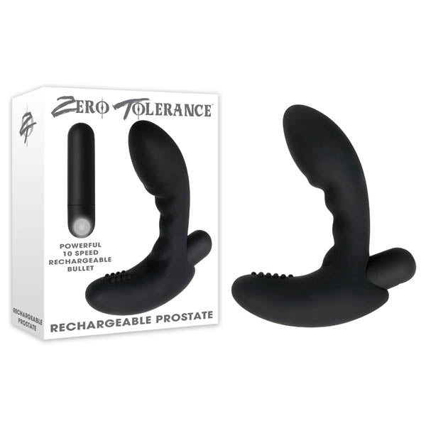 A black Zero Tolerance Rechargeable Prostate Butt Plug is displayed alongside its box. The packaging features the brand name "Zero Tolerance" and the phrase "Powerful 10 Speed Rechargeable Bullet." The massager, specifically designed for P-spot stimulation, boasts a curved design with a textured base.