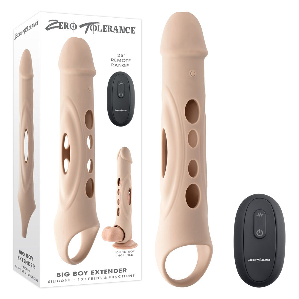 The Zero Tolerance BIG BOY EXTENDER - Light is a beige silicone vibrating penis extender featuring a sleek bullet-shaped design. It boasts multiple holes along its length and an open ring at the base. Accompanying the device is a black remote control with a single button. Both the extender and remote are displayed together with their packaging.