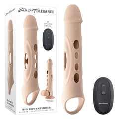 The Zero Tolerance BIG BOY EXTENDER - Light is a beige silicone vibrating penis extender featuring a sleek bullet-shaped design. It boasts multiple holes along its length and an open ring at the base. Accompanying the device is a black remote control with a single button. Both the extender and remote are displayed together with their packaging.