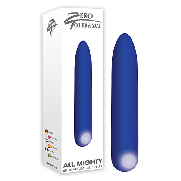Image of a boxed product from "Zero Tolerance" labeled "All Mighty Bullet Vibrator." The packaging displays a blue bullet-shaped object, presumably the powerful vibrating bullet inside. The box also shows multiple national flags, indicating multilingual support.