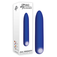 Image of a boxed product from "Zero Tolerance" labeled "All Mighty Bullet Vibrator." The packaging displays a blue bullet-shaped object, presumably the powerful vibrating bullet inside. The box also shows multiple national flags, indicating multilingual support.