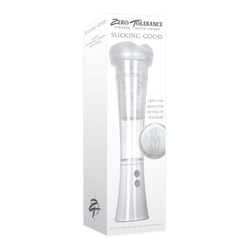 A product box for the "Zero Tolerance Sucking Good Penis Pump Masturbator" with the tagline "Sucking Good." The box features an image of a white and silver vibrating masturbator, described as gripping and sucking for ultimate pleasure. The text mentions it is made of silicone, rechargeable, and offers powerful vacuum suction.