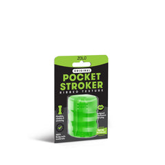 Packaging for the Zolo Original Pocket Stroker showcases its ribbed texture. Housed in transparent plastic, this green Pocket Stroker is specifically designed to simulate oral play. Key features highlighted on the packaging include its flexibility, stretchability, and body-safe material.