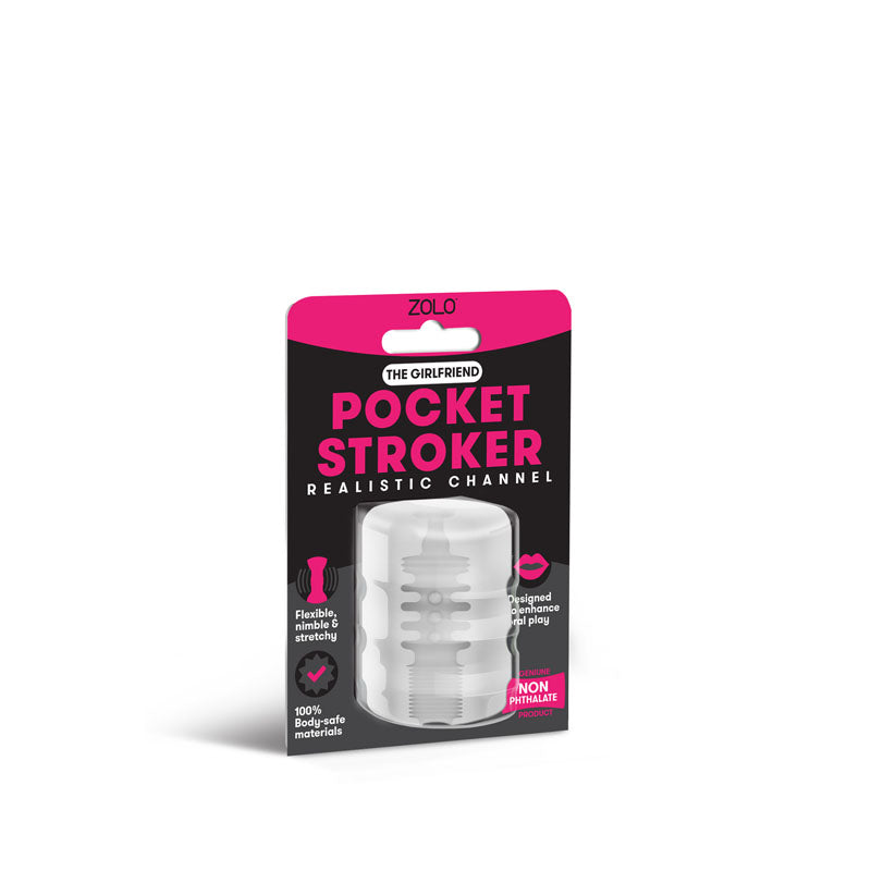 A product image of the Zolo Girlfriend Pocket Stroker in its packaging. The front of the packaging is black and pink, featuring the product name, "Zolo Girlfriend Pocket Stroker," along with highlights like "Realistic Channel," "Flexible," "100% Body-safe Materials," and "Non-Phthalate." Perfect for oral play enthusiasts.