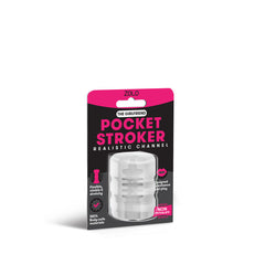 A product image of the Zolo Girlfriend Pocket Stroker in its packaging. The front of the packaging is black and pink, featuring the product name, "Zolo Girlfriend Pocket Stroker," along with highlights like "Realistic Channel," "Flexible," "100% Body-safe Materials," and "Non-Phthalate." Perfect for oral play enthusiasts.