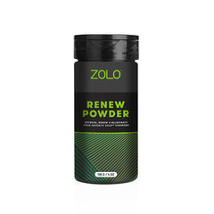 A cylindrical container in black and green, labeled "Zolo Renew Powder," features text on the front that reads, "Refresh, Renew & Rejuvenate Your Favorite ZOLO™ Strokers," with its weight noted as 118 g / 4.1 oz. The design is accented by diagonal green lines at the bottom.