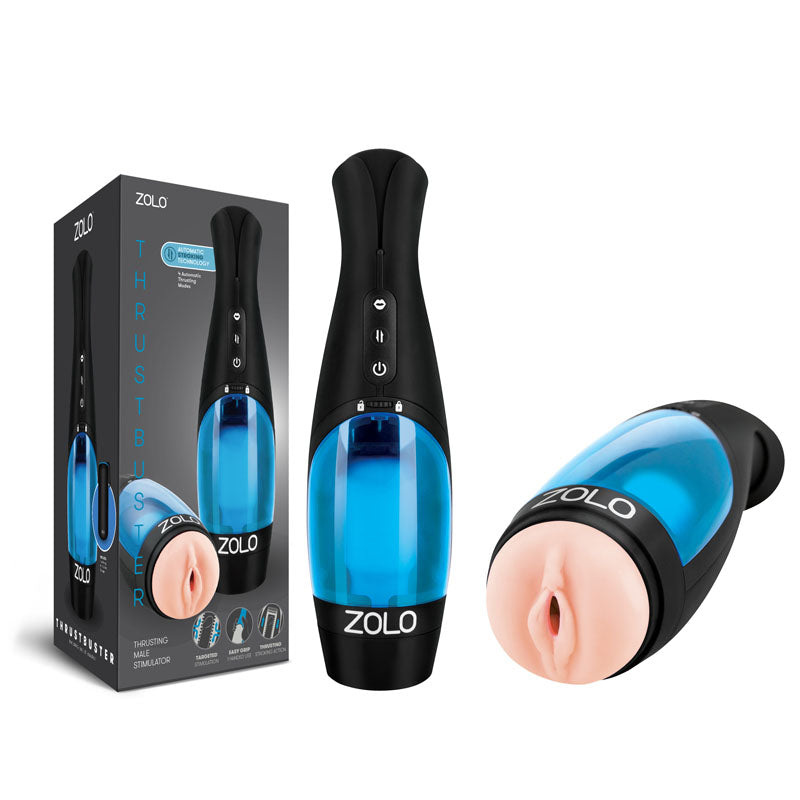 Image of the Zolo Thrustbuster, a thrusting male stimulator. The device features a primarily black exterior with a blue interior section and a beige opening. It is shown next to its packaging box, which displays the product image and branding details, emphasizing its automatic stroking technology.