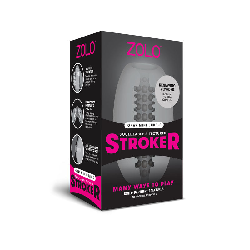 An image of the product box for the "Zolo Grey Mini Bubble Stroker" showcases a predominantly gray and black package with pink text. Key features highlighted include "renewing powder included" and "many ways to play: solo or partner, 2 textures." This male stroker is designed to offer versatile pleasure.