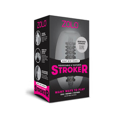 An image of the product box for the "Zolo Grey Mini Bubble Stroker" showcases a predominantly gray and black package with pink text. Key features highlighted include "renewing powder included" and "many ways to play: solo or partner, 2 textures." This male stroker is designed to offer versatile pleasure.