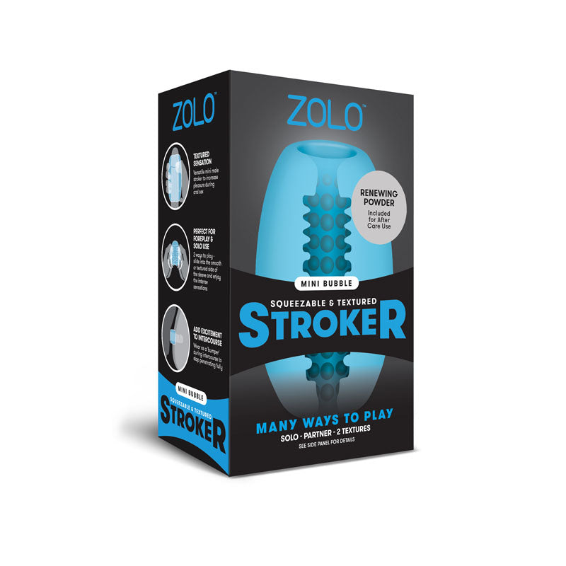 The image shows the packaging of a product called "Zolo Mini Bubble Stroker - Blue Mini Stroker Masturbator." The box is predominantly black and blue with white and blue text. It features images of the mini male stroker, descriptions of its textures, and marketing information.