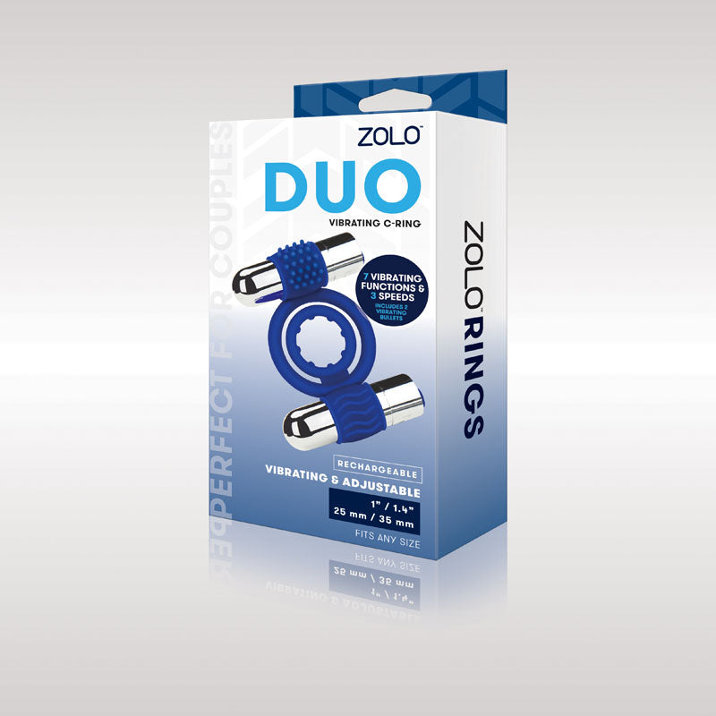 The image showcases the blue and white packaging of the "Zolo Rechargeable Duo Vibrating Cock Ring - Blue." The packaging highlights features such as being rechargeable, offering powerful vibrations, and having adjustable settings with three speeds. The product image displays the ring along with its metallic vibrators designed for dual stimulation.