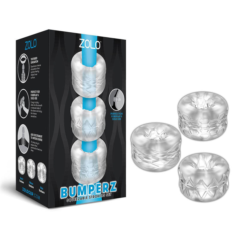 A product box featuring three stacked, transparent cylindrical rings labeled "Zolo Bumperz," with the brand name prominently displayed as "Zolo." To the right of the box, three separate rings are shown. The packaging includes illustrations and descriptions highlighting its uses for intense stimulation as a strokers set.