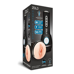 The image showcases the packaging of a Zolo Power Stroker, highlighting features such as SensaStroke technology, 10 automatic squeeze modes, 7 vibration patterns, and an easy-grip design.
